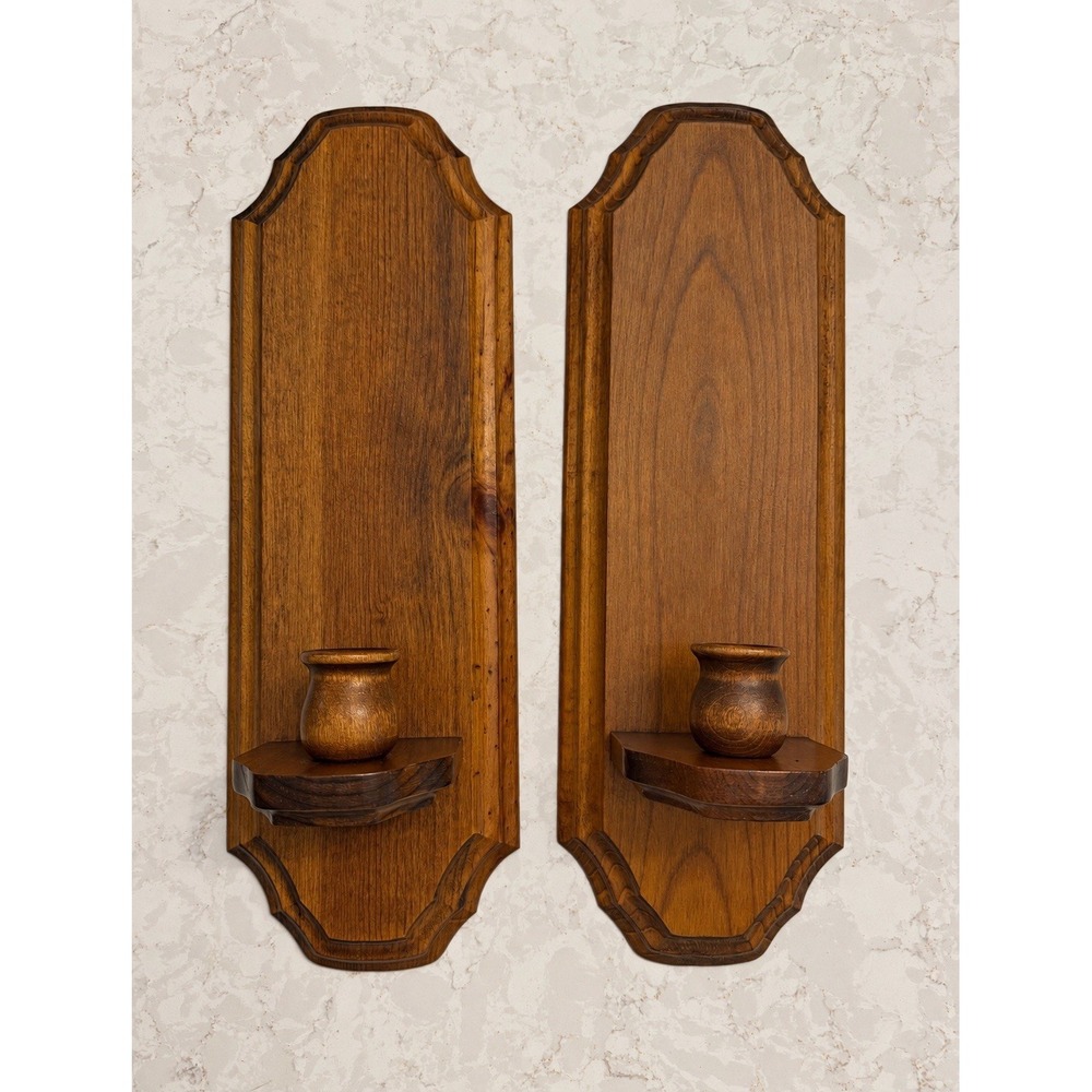 Vtg Set of 2 Wooden Wall Sconces Candle Holders Candlesticks 15" Tall 5" Across